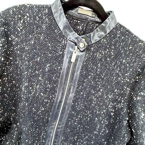 Barbara Bui Initials Jacket L 42 Bllk Speckled Tweed Wool Leather Trim Zip Up